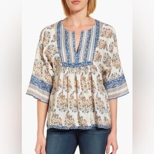 Lucky Brand Womens Floral Peasant Top Sz Medium Multicolor Split Neck 3/4 Sleeve